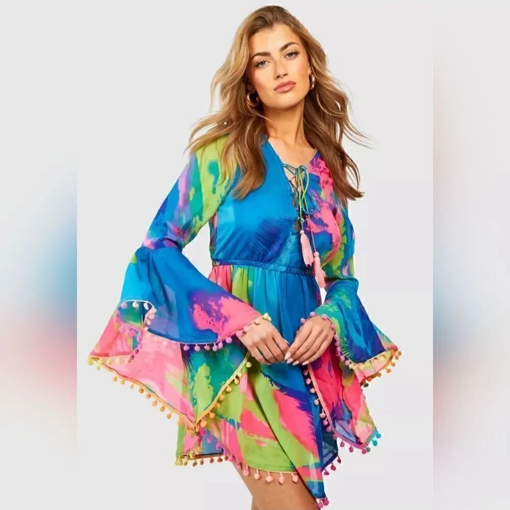 Boohoo Neon PomPom Tropical Beach Dress